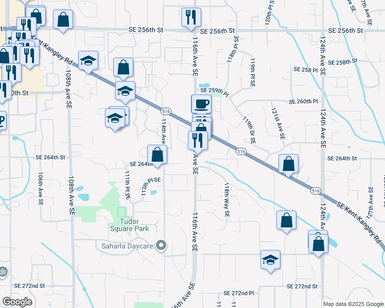 map of restaurants, bars, coffee shops, grocery stores, and more near 26327 116th Avenue Southeast in Kent