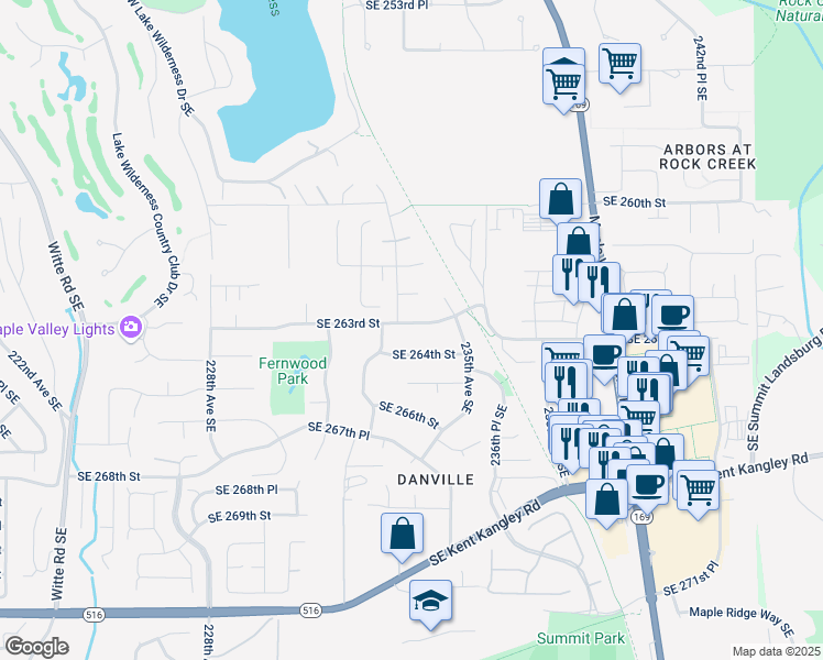 map of restaurants, bars, coffee shops, grocery stores, and more near 23413 Southeast 263rd Street in Maple Valley