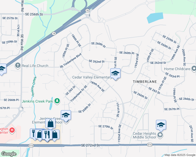map of restaurants, bars, coffee shops, grocery stores, and more near 26308 Timberlane Drive Southeast in Covington