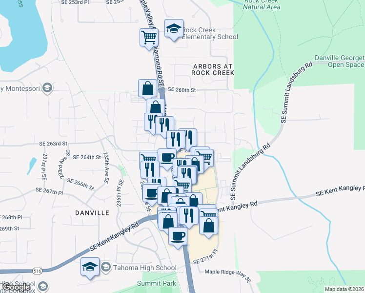 map of restaurants, bars, coffee shops, grocery stores, and more near 24045 Southeast 263rd Place in Maple Valley