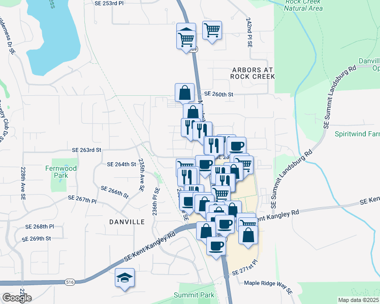 map of restaurants, bars, coffee shops, grocery stores, and more near 26285 238th Lane Southeast in Maple Valley