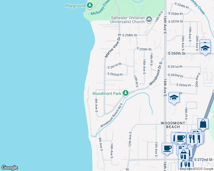 map of restaurants, bars, coffee shops, grocery stores, and more near 26320 Marine View Drive South in Des Moines