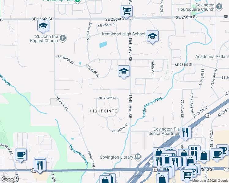 map of restaurants, bars, coffee shops, grocery stores, and more near 16209 Southeast 263rd Place in Covington