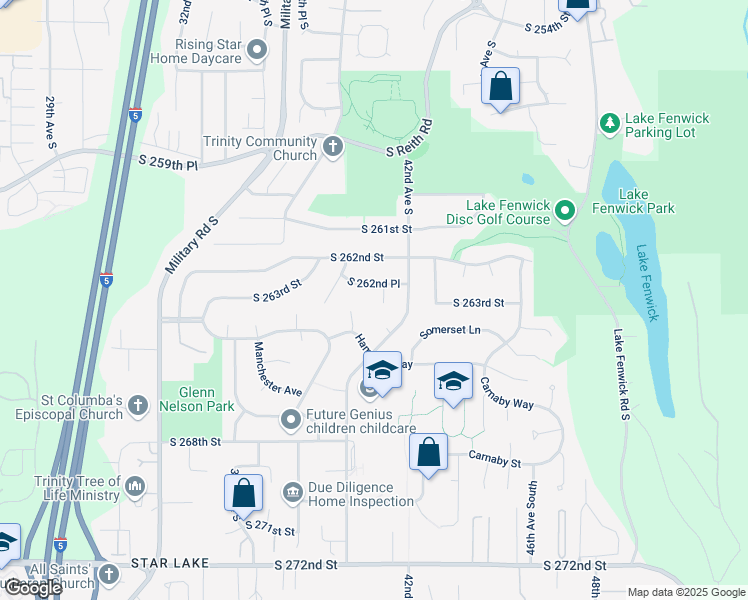 map of restaurants, bars, coffee shops, grocery stores, and more near 26245 41st Place South in Kent