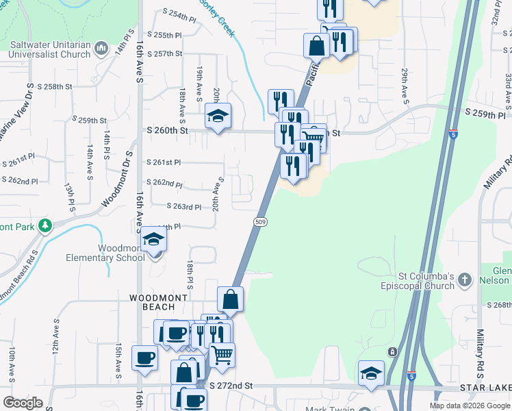 map of restaurants, bars, coffee shops, grocery stores, and more near 26285 Pacific Highway South in Des Moines