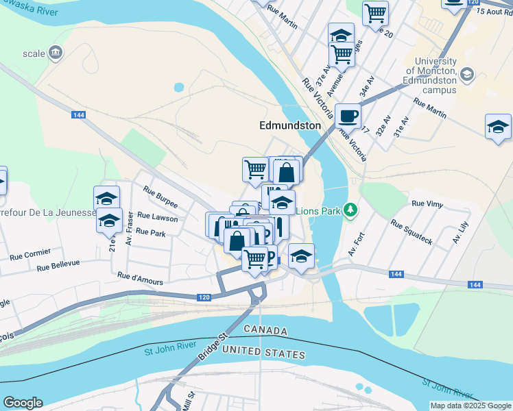 map of restaurants, bars, coffee shops, grocery stores, and more near 15 Rue Lynott in Edmundston