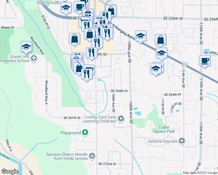 map of restaurants, bars, coffee shops, grocery stores, and more near 10512 Southeast 264th Street in Kent