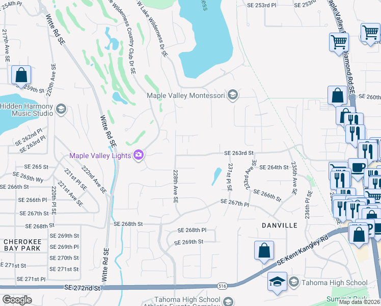 map of restaurants, bars, coffee shops, grocery stores, and more near 22879 Southeast 263rd Street in Maple Valley
