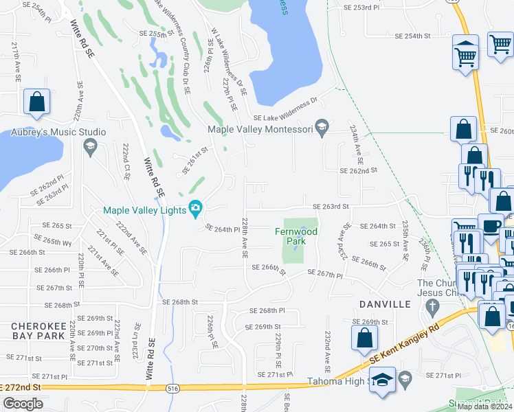 map of restaurants, bars, coffee shops, grocery stores, and more near 22852 Southeast 263rd Street in Maple Valley