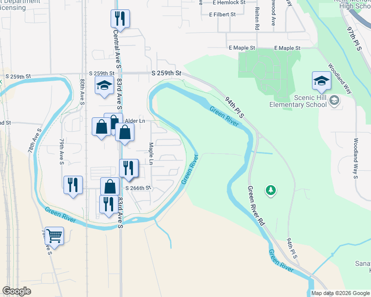 map of restaurants, bars, coffee shops, grocery stores, and more near Green River Trail in Kent