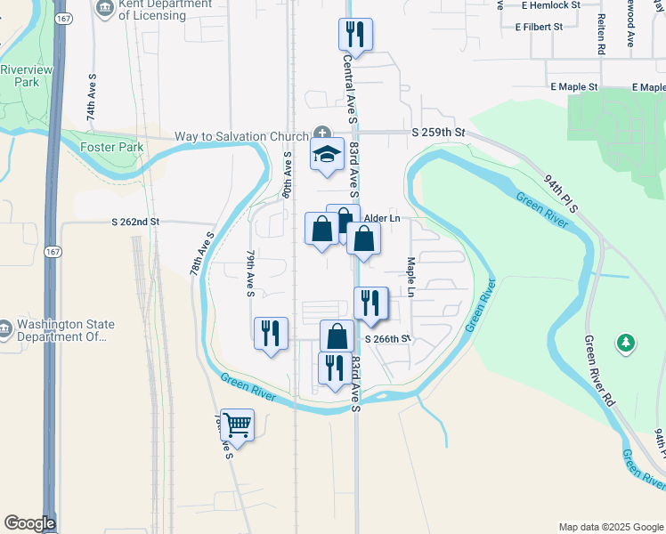 map of restaurants, bars, coffee shops, grocery stores, and more near 1513-1609 Central Ave S in Kent