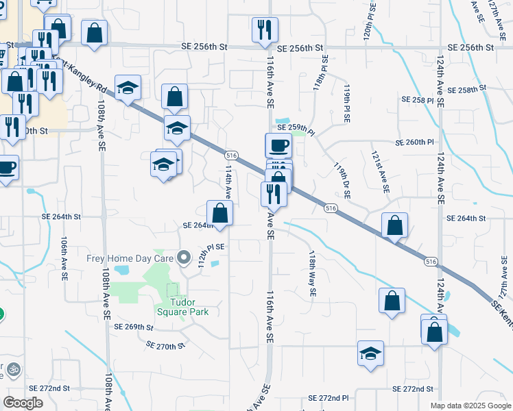 map of restaurants, bars, coffee shops, grocery stores, and more near 26335 116th Avenue Southeast in Kent