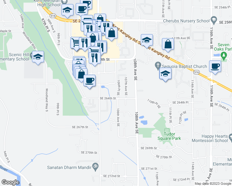 map of restaurants, bars, coffee shops, grocery stores, and more near 10512 Southeast 264th Street in Kent