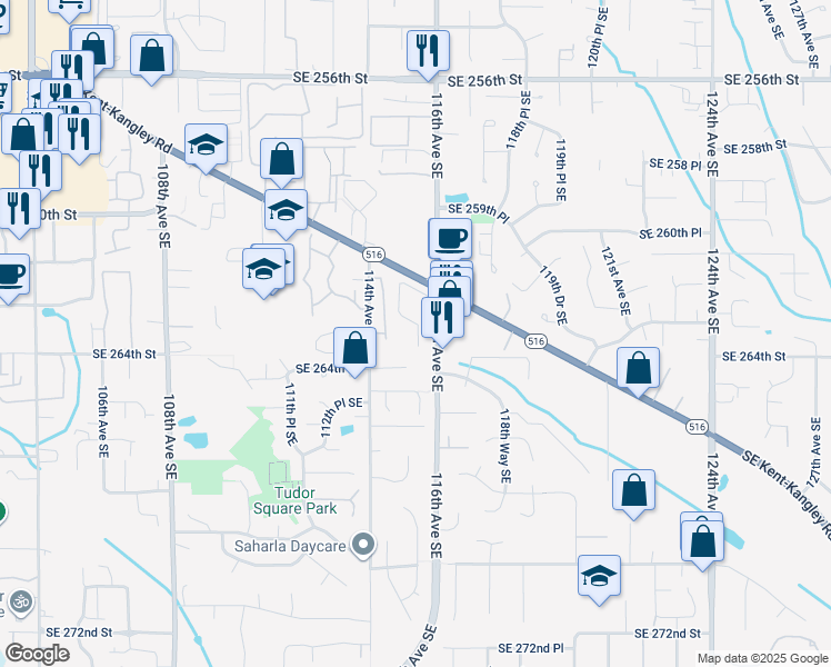 map of restaurants, bars, coffee shops, grocery stores, and more near 26327 116th Avenue Southeast in Kent