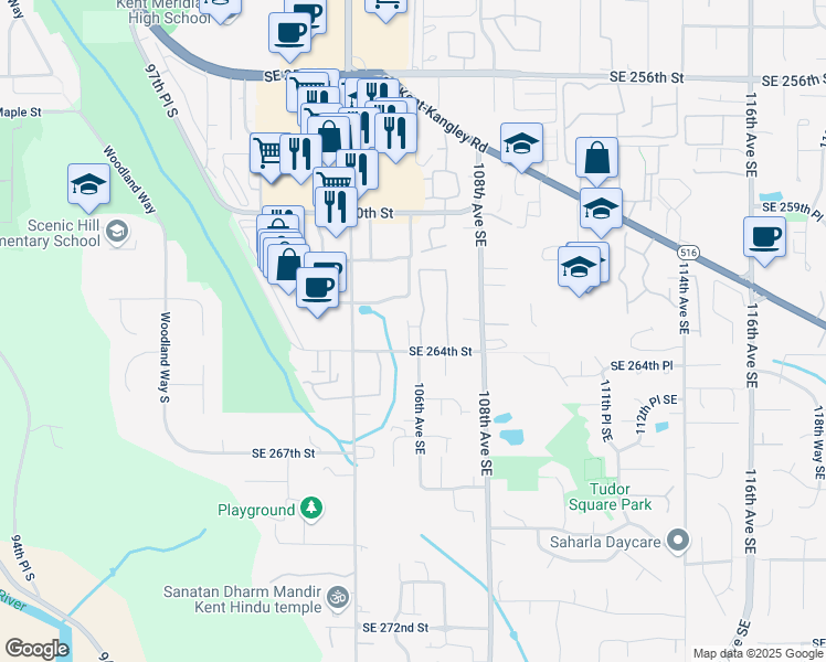 map of restaurants, bars, coffee shops, grocery stores, and more near 10512 Southeast 264th Street in Kent
