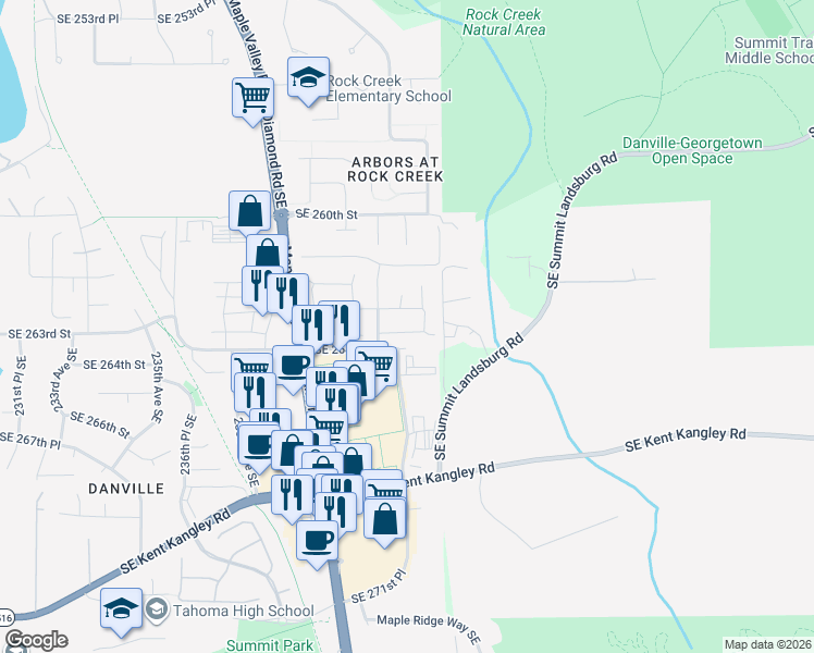 map of restaurants, bars, coffee shops, grocery stores, and more near 24228 Southeast 263rd Place in Maple Valley