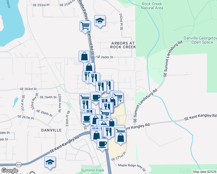 map of restaurants, bars, coffee shops, grocery stores, and more near 24057 Southeast 263rd Place in Maple Valley