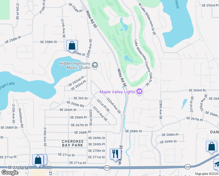 map of restaurants, bars, coffee shops, grocery stores, and more near 26221 222nd Place Southeast in Maple Valley