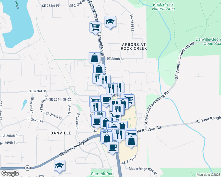 map of restaurants, bars, coffee shops, grocery stores, and more near 26300 238th Lane Southeast in Maple Valley