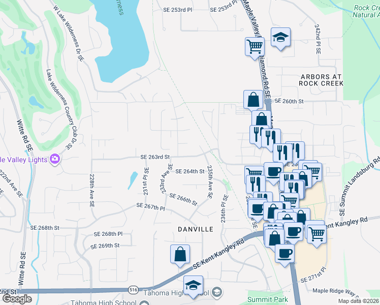 map of restaurants, bars, coffee shops, grocery stores, and more near 23413 Southeast 263rd Street in Maple Valley