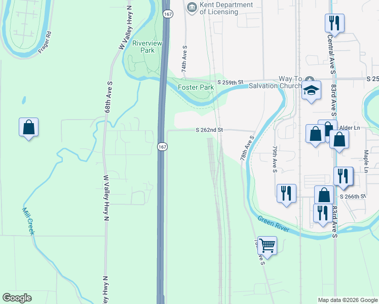 map of restaurants, bars, coffee shops, grocery stores, and more near 27201-27599 72nd Ave S in Kent