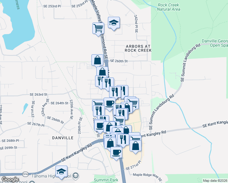 map of restaurants, bars, coffee shops, grocery stores, and more near 26300 238th Lane Southeast in Maple Valley
