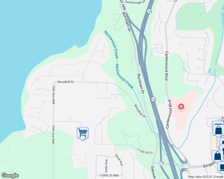 map of restaurants, bars, coffee shops, grocery stores, and more near 6319 118th Street in Gig Harbor