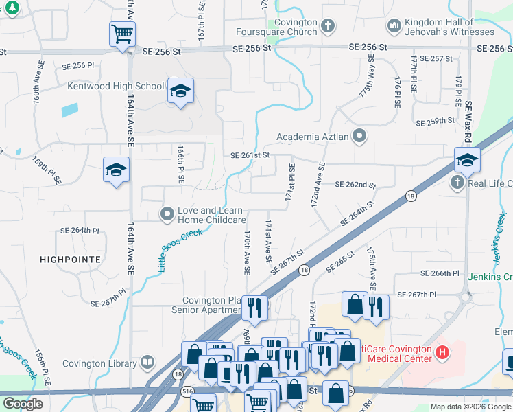 map of restaurants, bars, coffee shops, grocery stores, and more near 17014 Southeast 264th Street in Covington