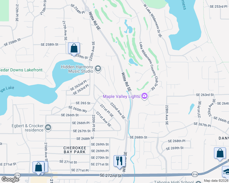 map of restaurants, bars, coffee shops, grocery stores, and more near 26221 222nd Place Southeast in Maple Valley