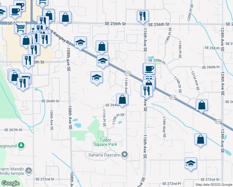 map of restaurants, bars, coffee shops, grocery stores, and more near 11212 Southeast 264th Street in Kent