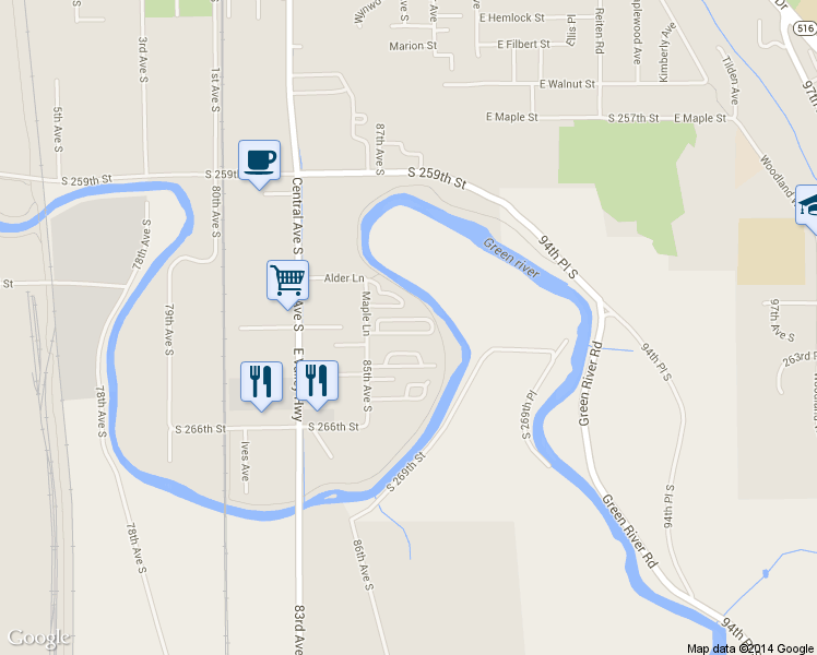 map of restaurants, bars, coffee shops, grocery stores, and more near 1510 Maple Lane in Kent