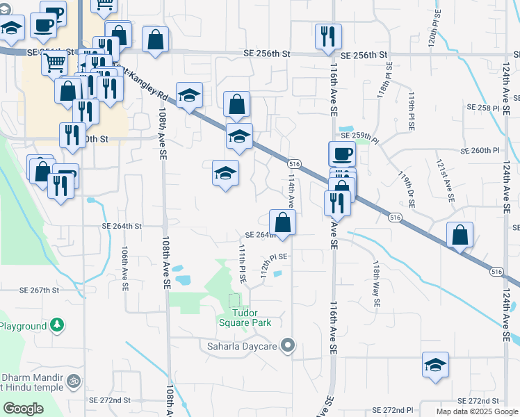 map of restaurants, bars, coffee shops, grocery stores, and more near 11215 Southeast 264th Street in Kent