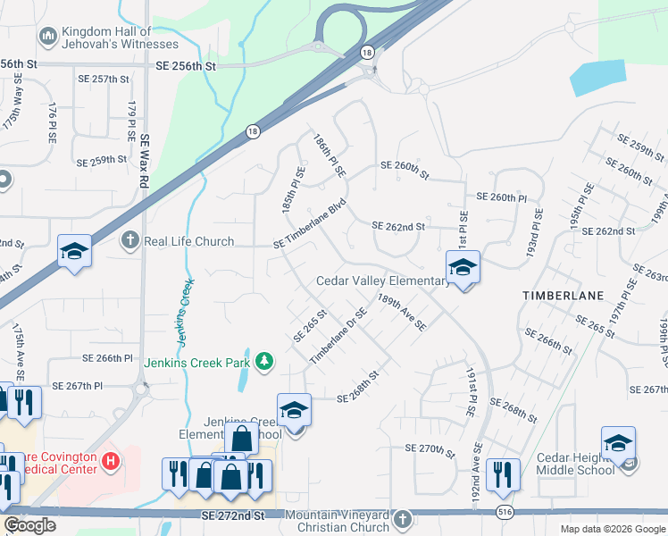 map of restaurants, bars, coffee shops, grocery stores, and more near 26309 187th Court Southeast in Covington