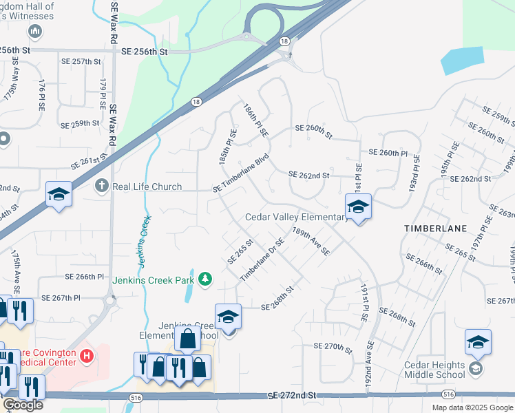 map of restaurants, bars, coffee shops, grocery stores, and more near 26309 187th Court Southeast in Covington
