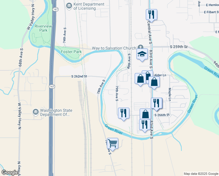 map of restaurants, bars, coffee shops, grocery stores, and more near 26401 79th Avenue South in Kent