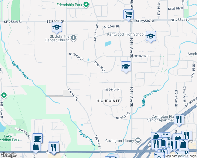 map of restaurants, bars, coffee shops, grocery stores, and more near 26226 159th Avenue Southeast in Kent