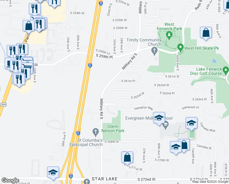 map of restaurants, bars, coffee shops, grocery stores, and more near 3319 South 262nd Street in Kent