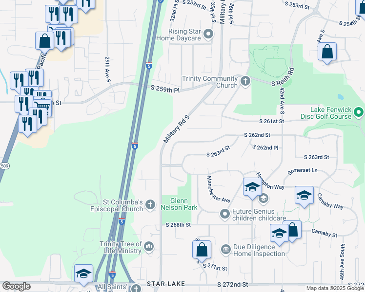 map of restaurants, bars, coffee shops, grocery stores, and more near 3319 South 262nd Street in Kent