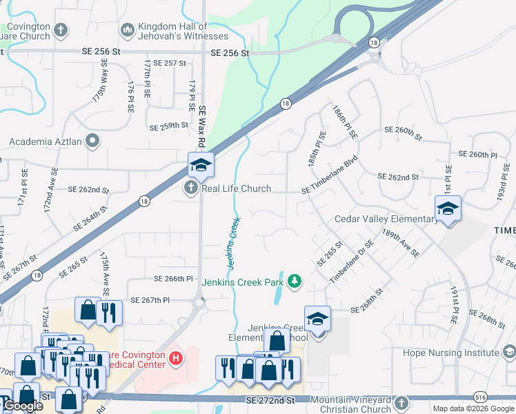map of restaurants, bars, coffee shops, grocery stores, and more near 18318 Southeast 263rd Place in Covington