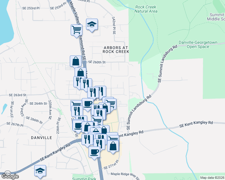 map of restaurants, bars, coffee shops, grocery stores, and more near 24205 Southeast 262nd Place in Maple Valley