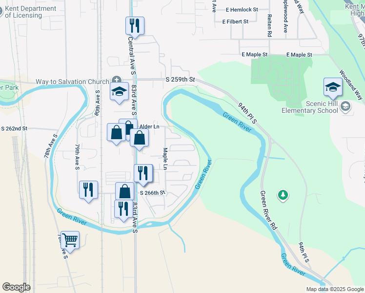 map of restaurants, bars, coffee shops, grocery stores, and more near 1510 Maple Lane in Kent