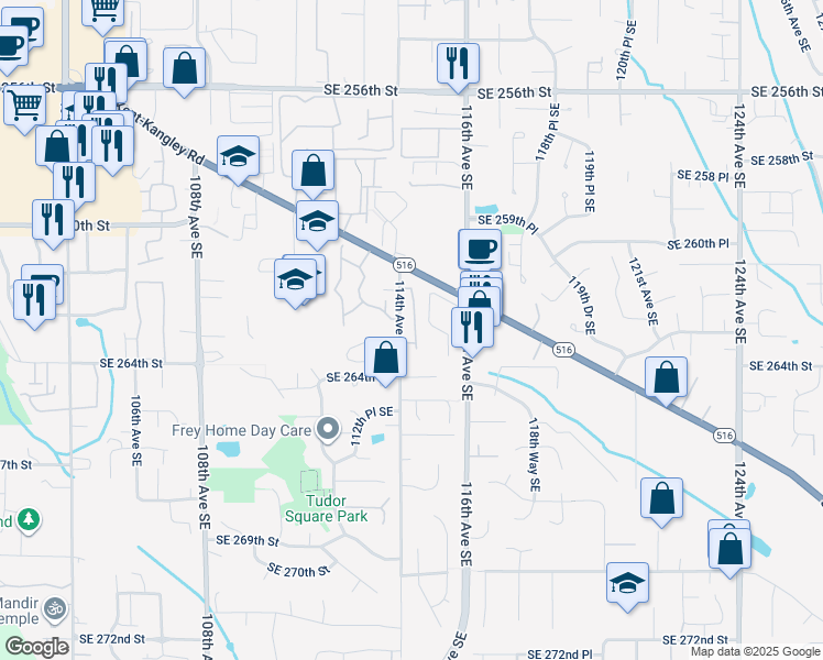 map of restaurants, bars, coffee shops, grocery stores, and more near 26335 116th Avenue Southeast in Kent