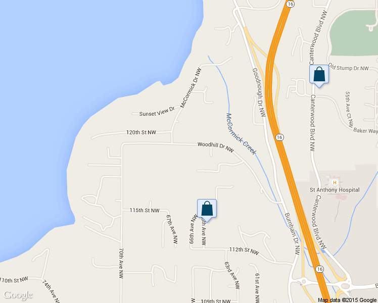 map of restaurants, bars, coffee shops, grocery stores, and more near 6524 Woodhill Drive Northwest in Gig Harbor