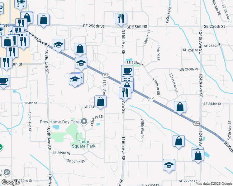 map of restaurants, bars, coffee shops, grocery stores, and more near 26327 116th Avenue Southeast in Kent