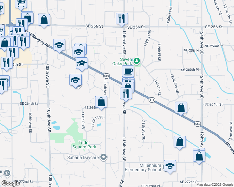 map of restaurants, bars, coffee shops, grocery stores, and more near 26327 116th Avenue Southeast in Kent