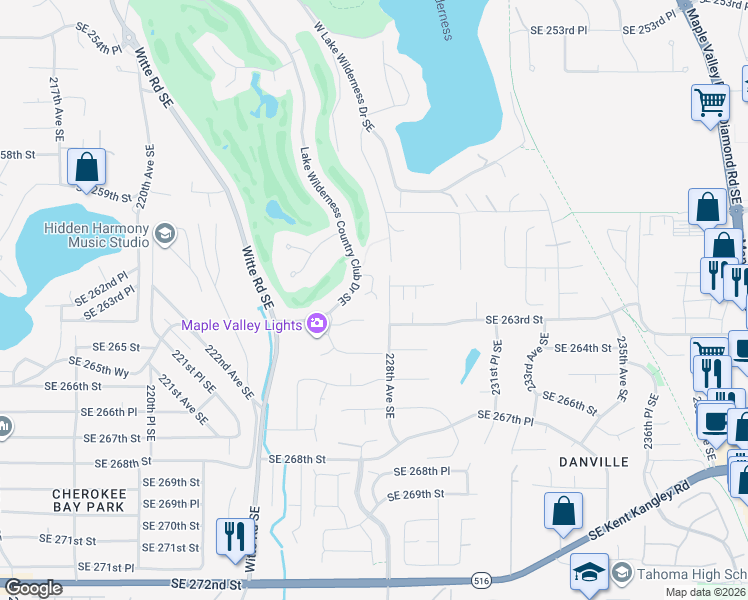 map of restaurants, bars, coffee shops, grocery stores, and more near 22739 Southeast 263rd Court in Maple Valley