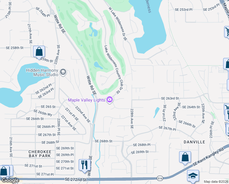 map of restaurants, bars, coffee shops, grocery stores, and more near 26225 Lake Wilderness Country Club Drive Southeast in Maple Valley