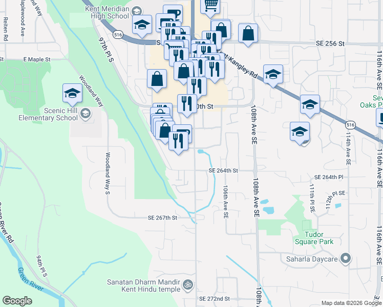 map of restaurants, bars, coffee shops, grocery stores, and more near 26398 104th Ave SE in Kent