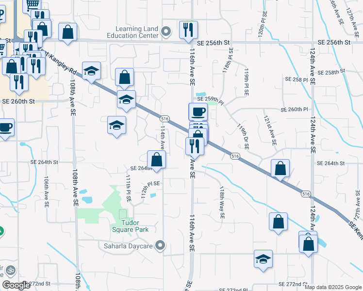 map of restaurants, bars, coffee shops, grocery stores, and more near 26221 116th Avenue Southeast in Kent