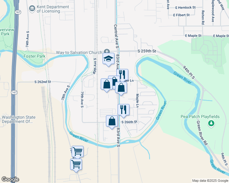 map of restaurants, bars, coffee shops, grocery stores, and more near 1405 Central Avenue South in Kent